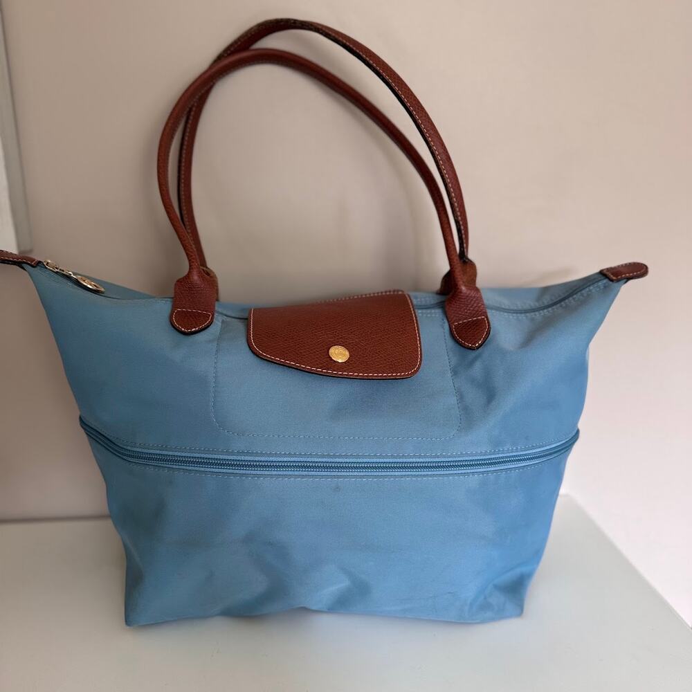 Longchamp Le Pliage Expandable Nylon Tote in Blue Bag Zipper Extension Travel